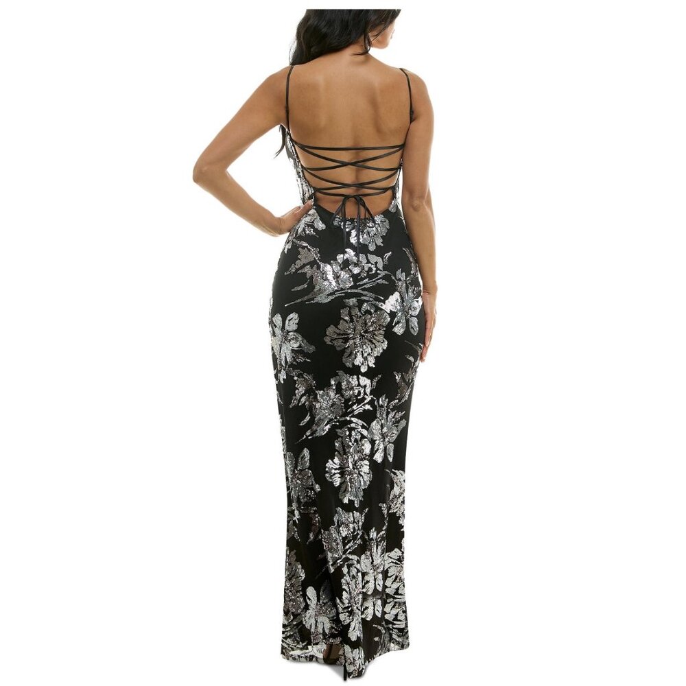 Emerald Sundae Womens Black & Silver Floral Sequin Gown With Spaghetti Straps & - Picture 2 of 7